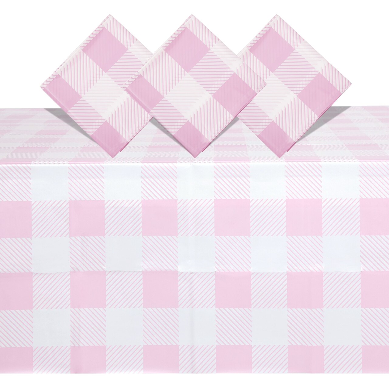 3 Pack White and Pink Plaid Tablecloth for Camping Birthday Party Supplies (5 x 9 Feet)